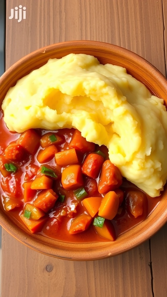 Mashed ice kenkey served in a bowl with tomato stew, on a rustic wooden table.